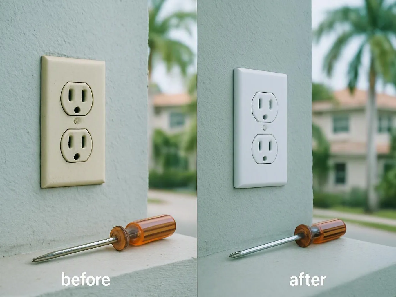 Side-by-side before and after image shows a worn wall outlet replaced with a clean white one beside a screwdriver on a ledge