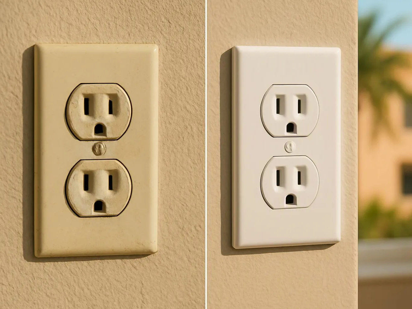 A side-by-side view shows a stained old double wall outlet and a clean white replacement on a beige wall