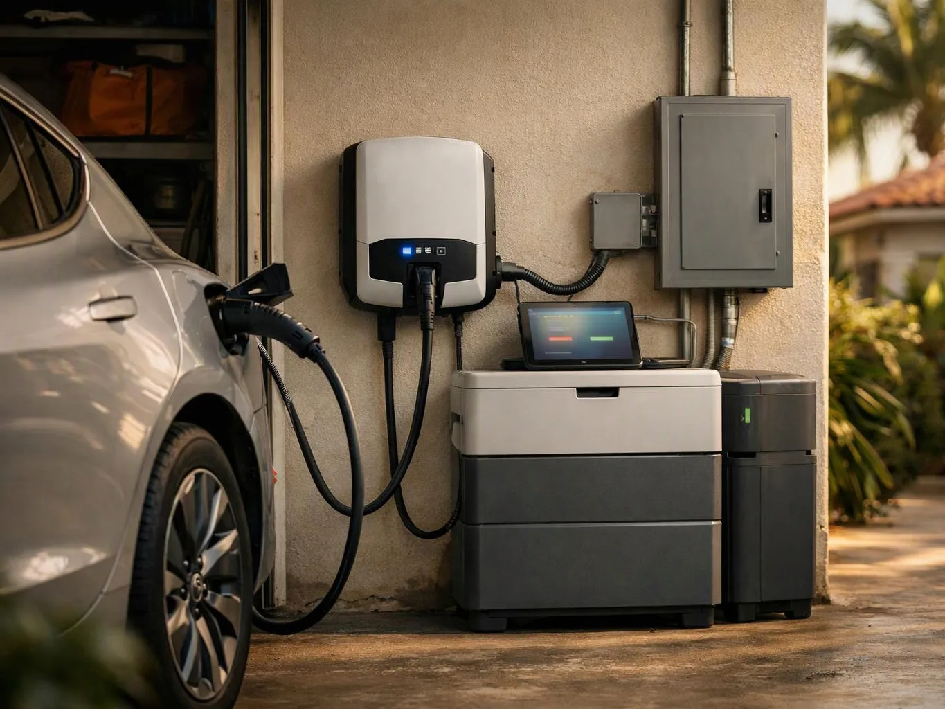 A silver car charges from a wall unit beside a home battery and electrical panels outdoors