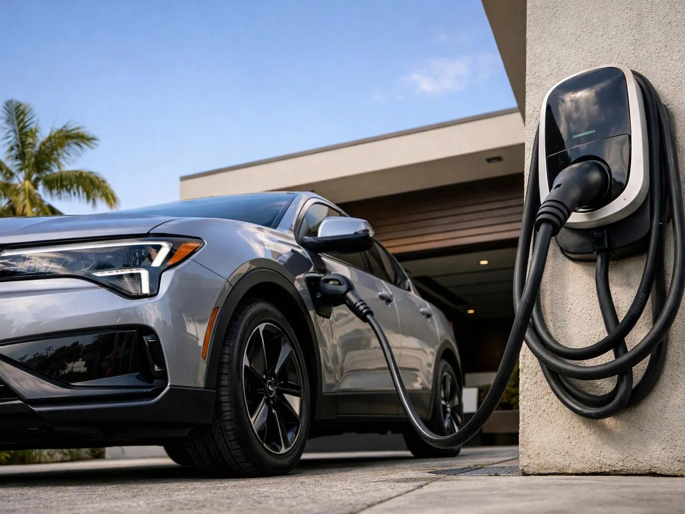 A silver electric SUV charges beside a wall-mounted charger outside a modern house with a garage open