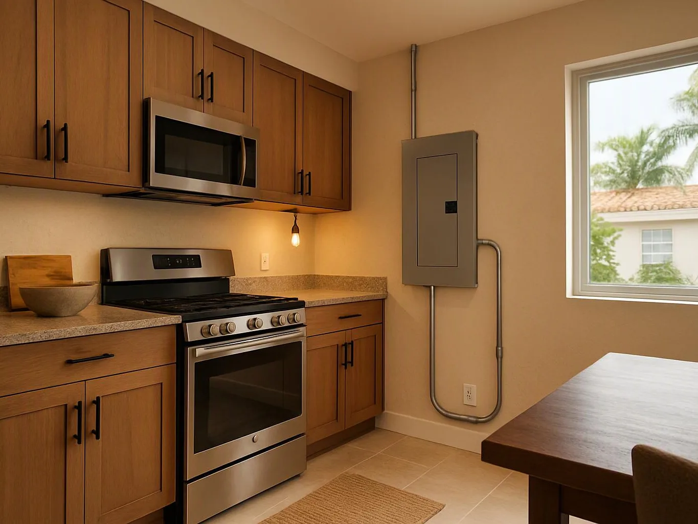 A small kitchen shows wooden cabinets, a stainless stove and microwave, a window, and an electrical panel on the wall