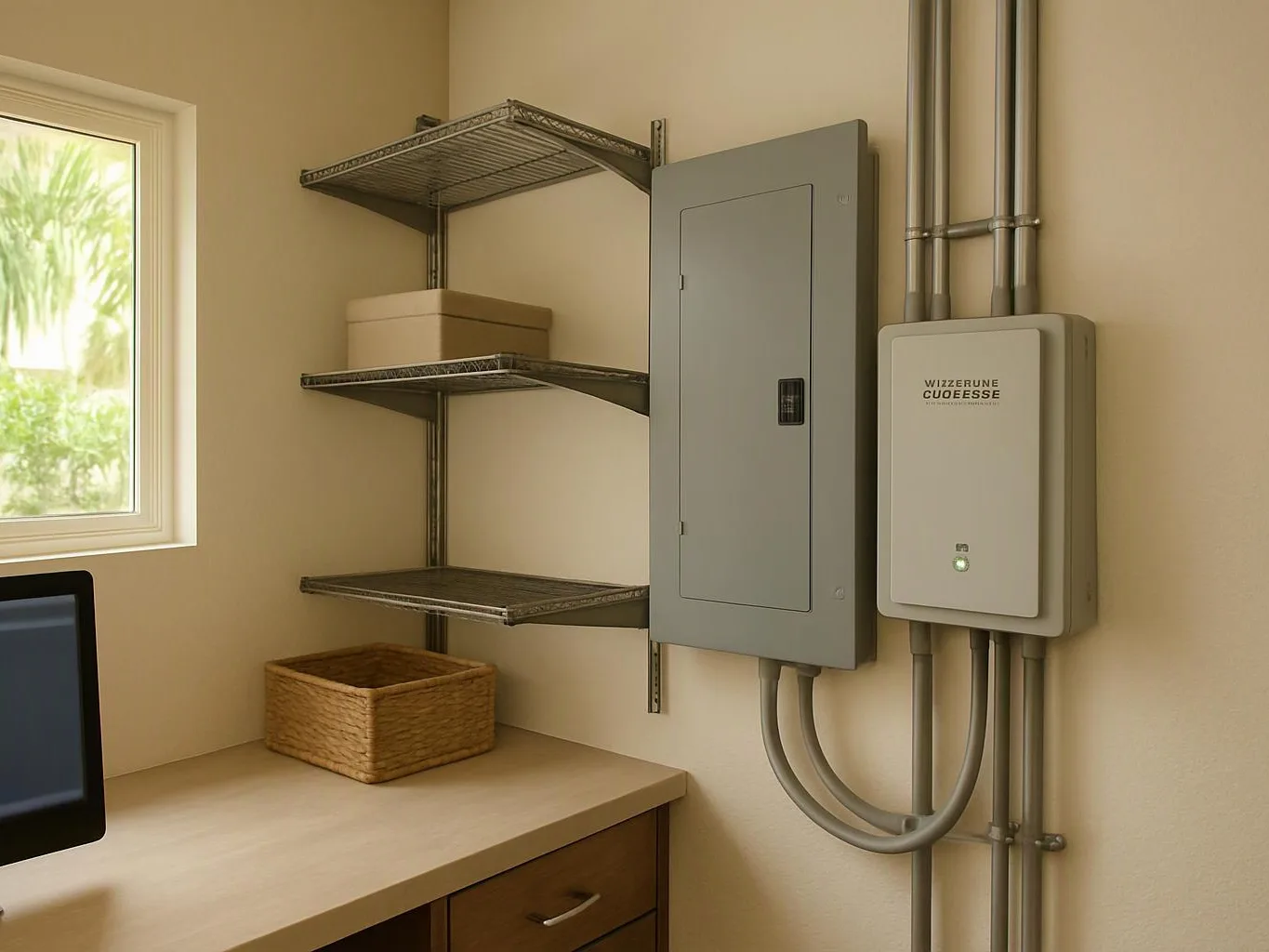A small utility room shows metal shelves, electrical panels, conduit pipes, a desk, and a basket by a window