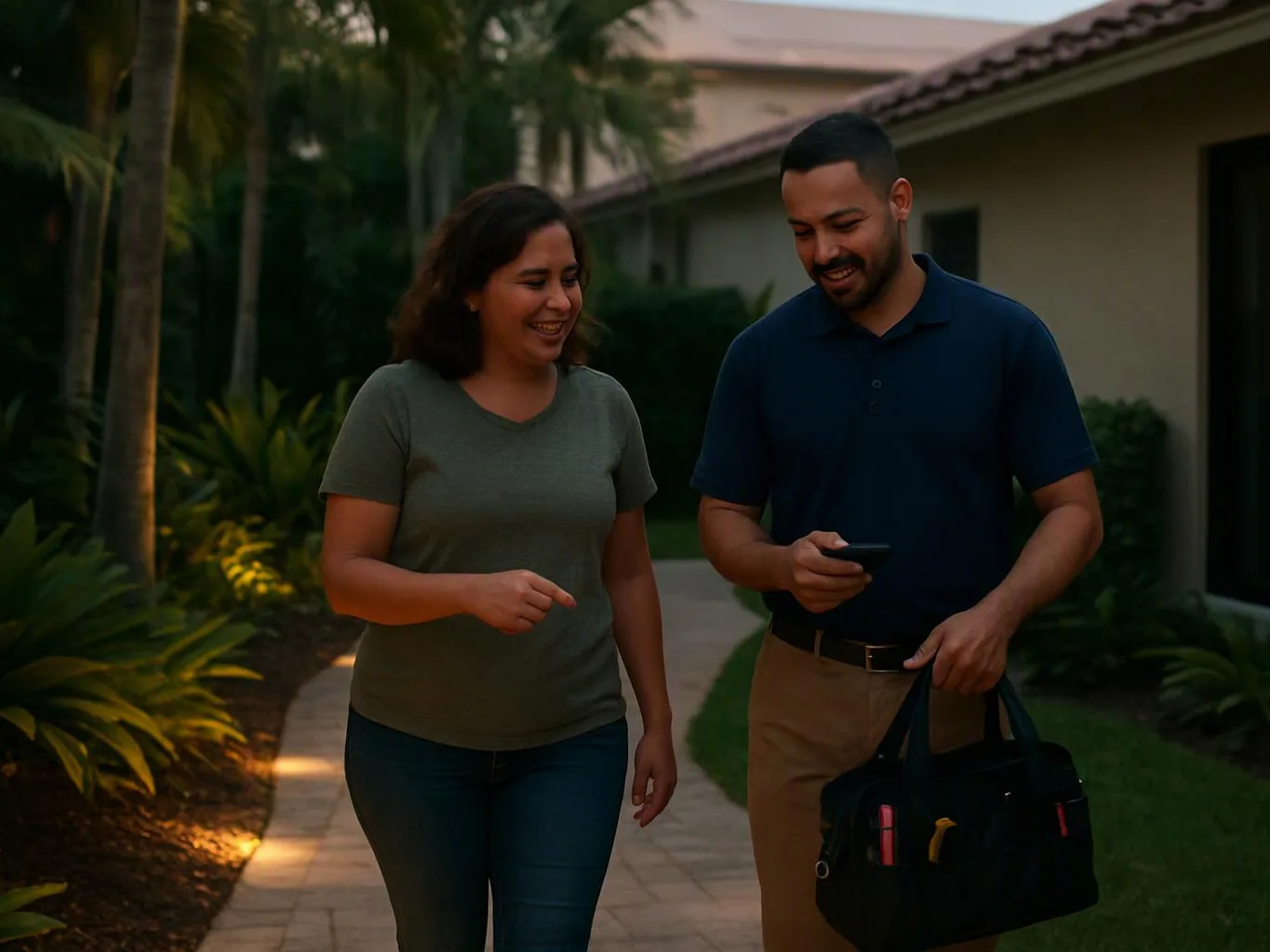 A smiling couple walks along a garden path, looking at a phone and carrying a black tool bag