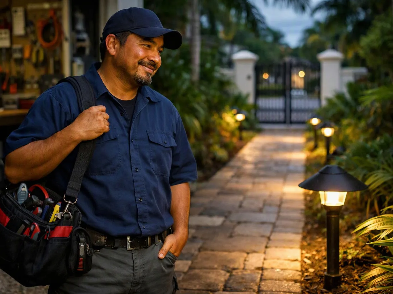 A smiling man in a navy cap carries a tool bag along a lit stone walkway at dusk