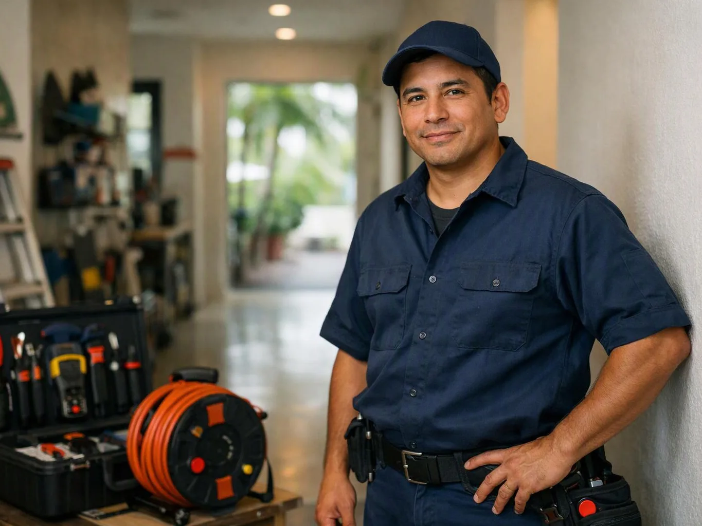 A smiling man in a navy work uniform stands in a hallway beside tool cases and an orange cable reel