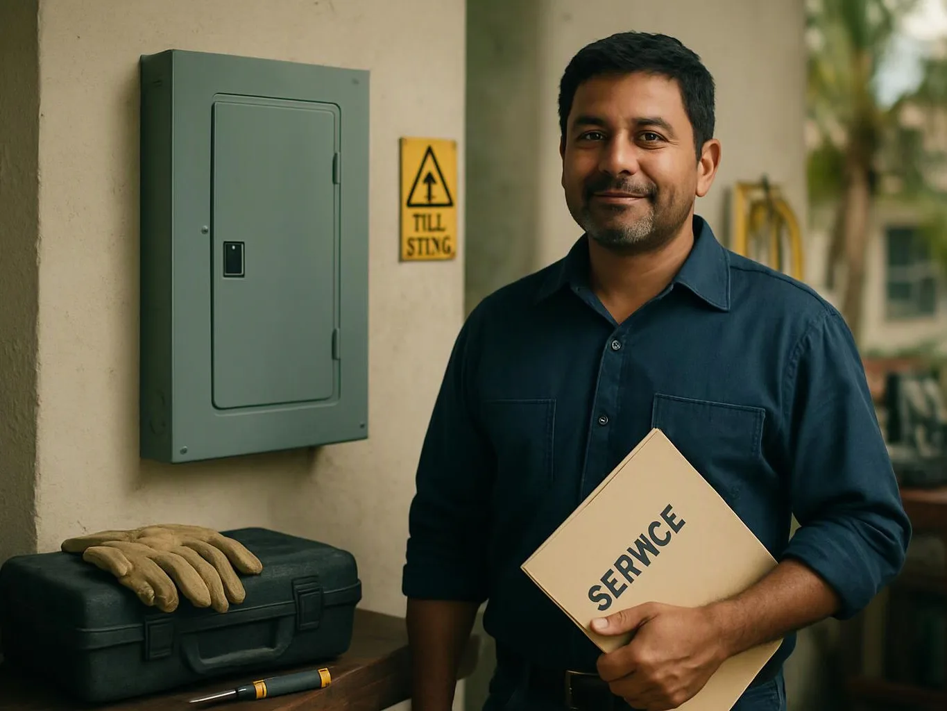 A smiling man stands beside an electrical panel, holding a folder and tools on a workbench nearby