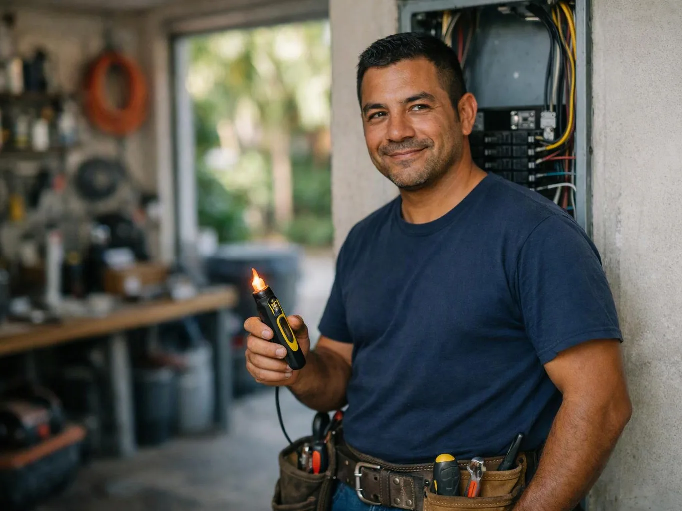 A smiling man stands in a garage holding a lit electrical tester beside an open breaker panel