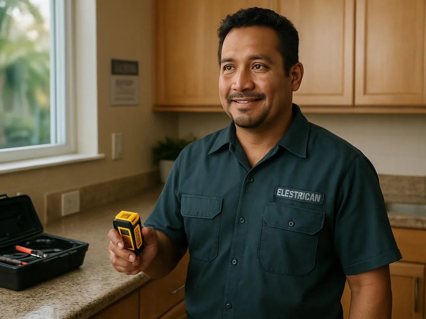 A smiling man in a work shirt holds a yellow measuring tool in a kitchen with an open toolbox nearby