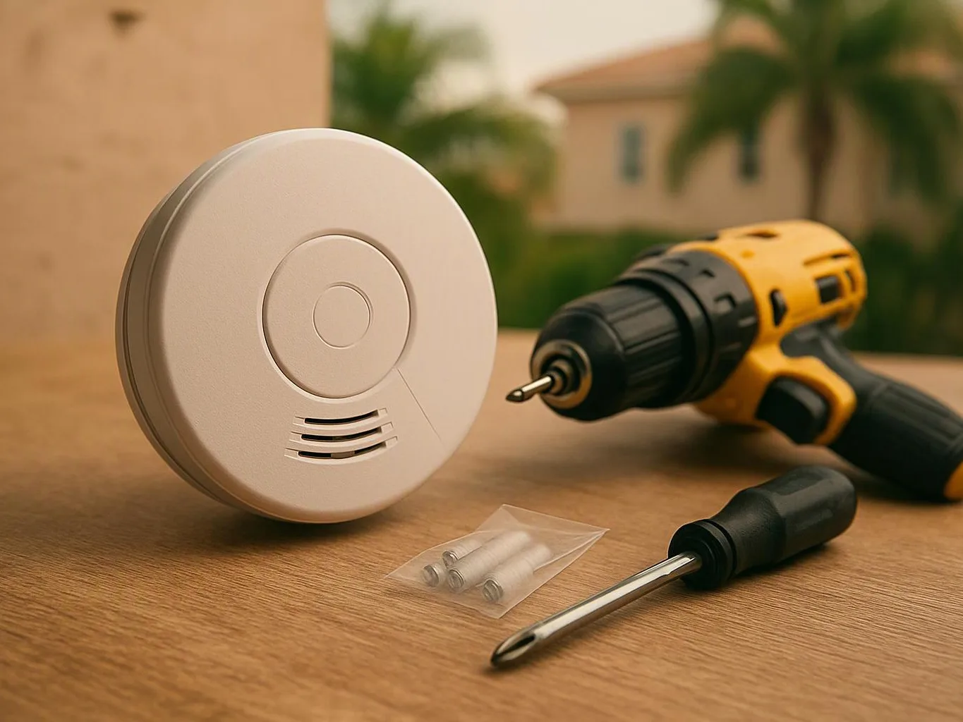 A smoke detector, drill, screwdriver, and small screws rest on a wooden surface outdoors