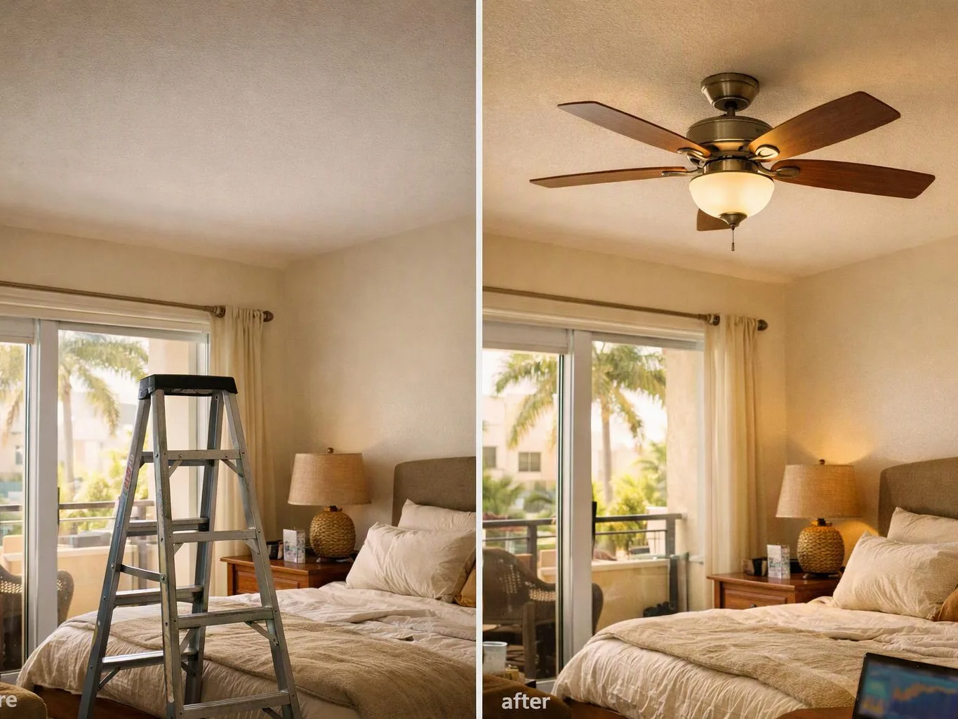 Split bedroom view shows a ladder and a ceiling fan replaced above the bed by a lamp-lit room