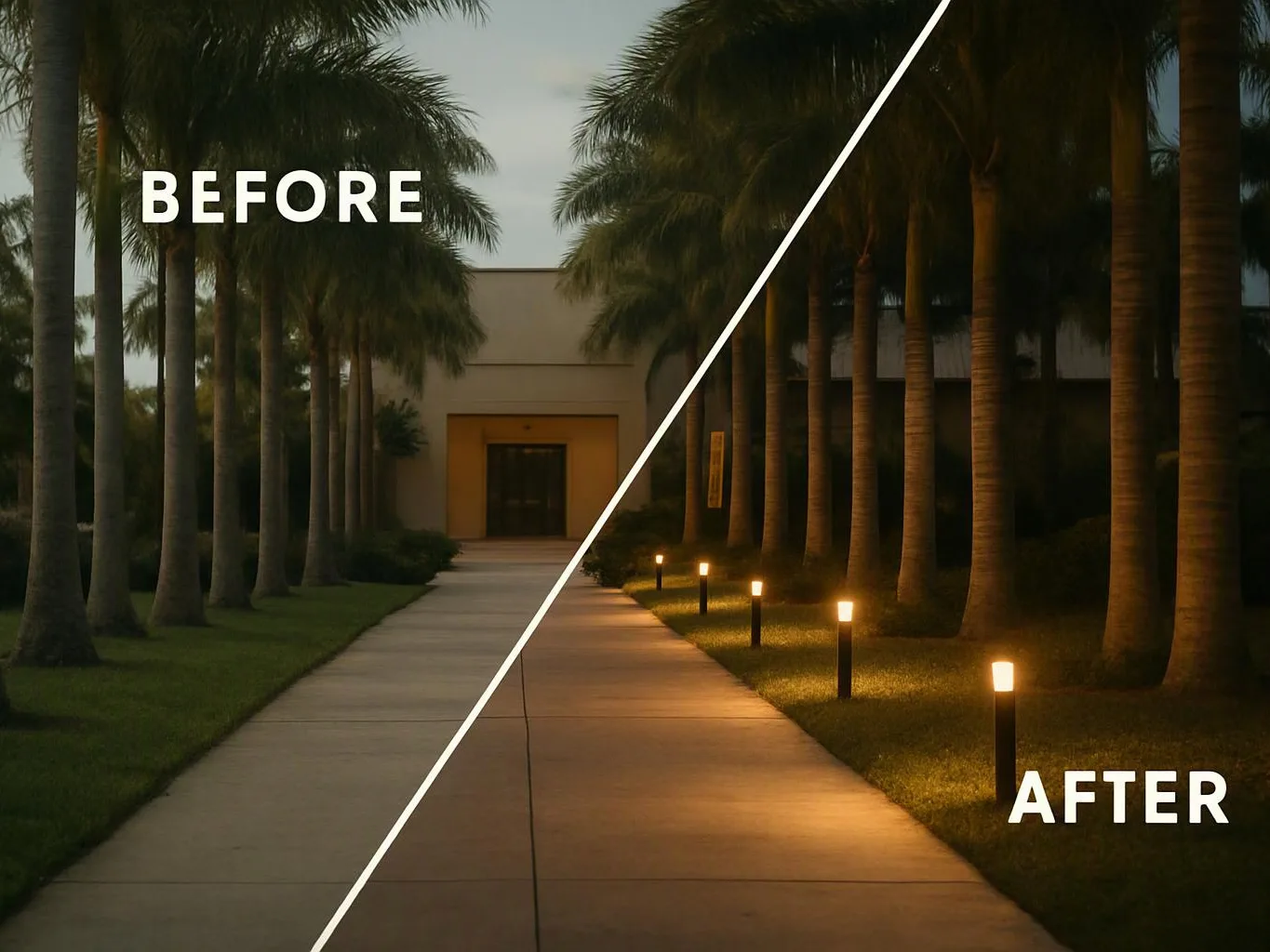 Split before and after view of a palm-lined walkway with a building entrance and pathway lights at dusk