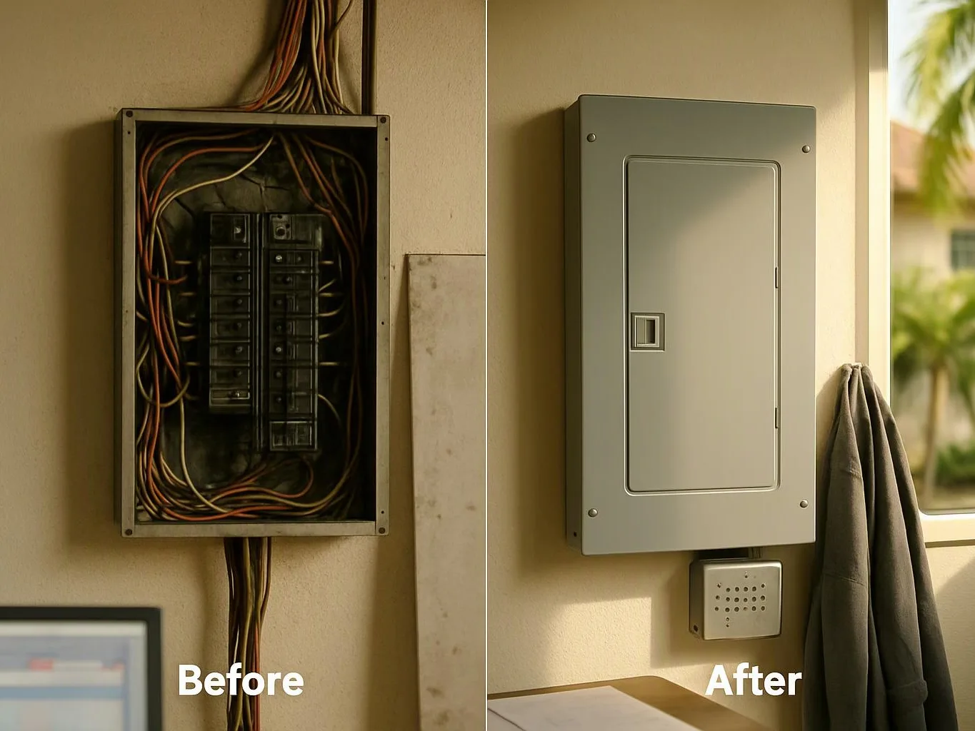 A split before-and-after view shows an open messy breaker panel beside a covered gray electrical panel indoors