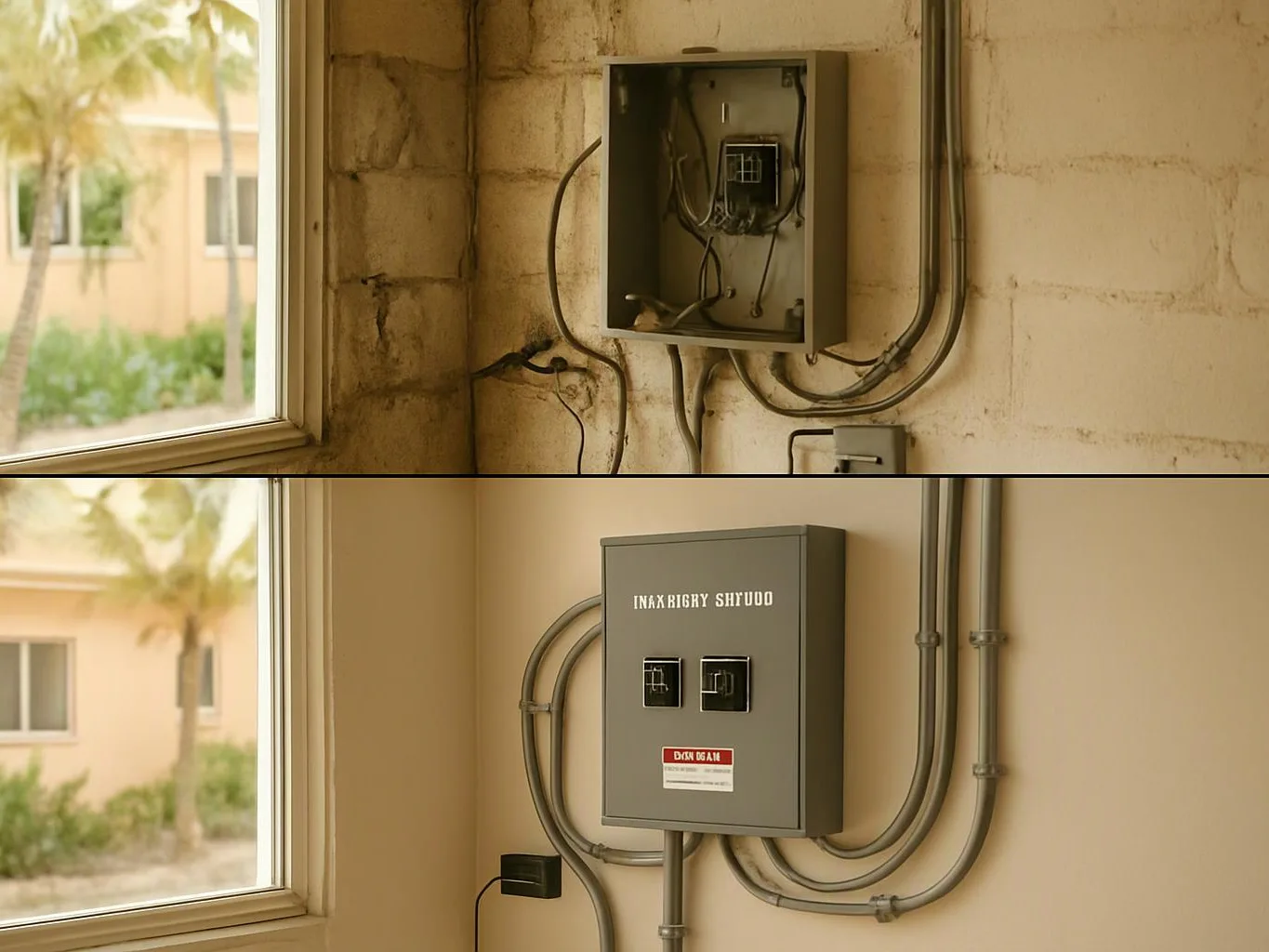 A split before-and-after view shows a wall-mounted electrical box beside a window and exposed cables in a room