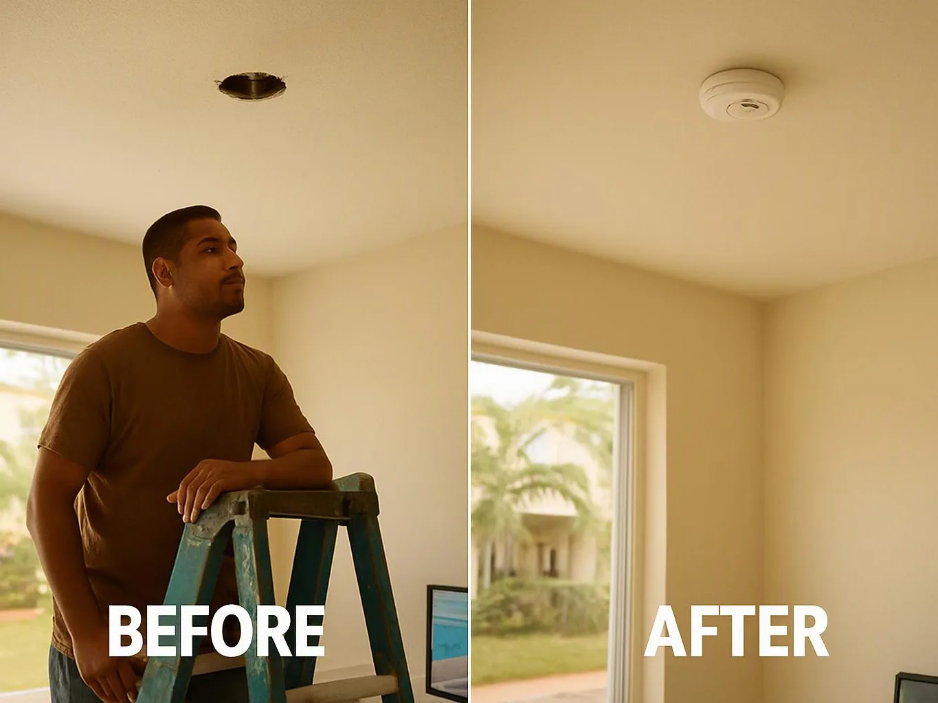 A split image shows a man on a ladder beside a ceiling hole, then the hole covered by a smoke detector in a bright room