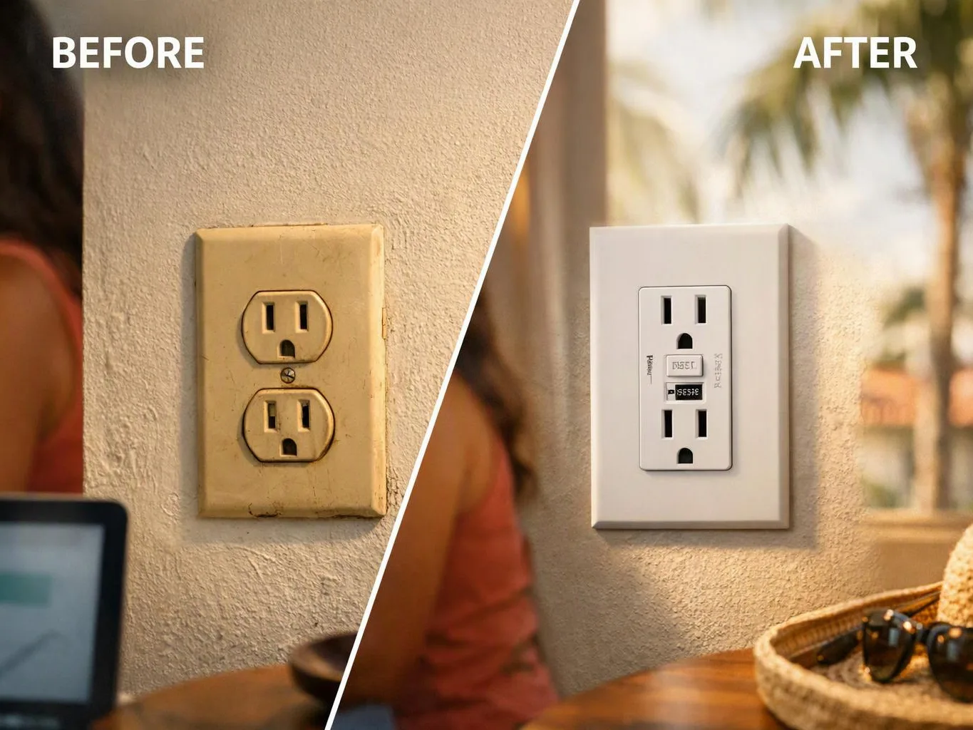 Split image shows an old wall outlet before, and a white GFCI outlet after in a bright room