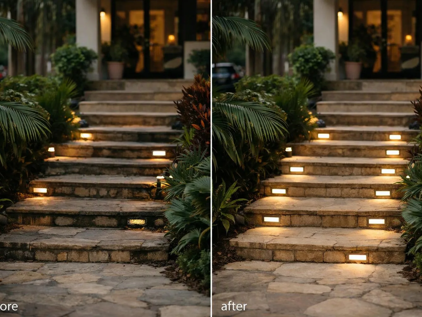 Split image shows stone garden steps lit by small path lights, labeled before and after