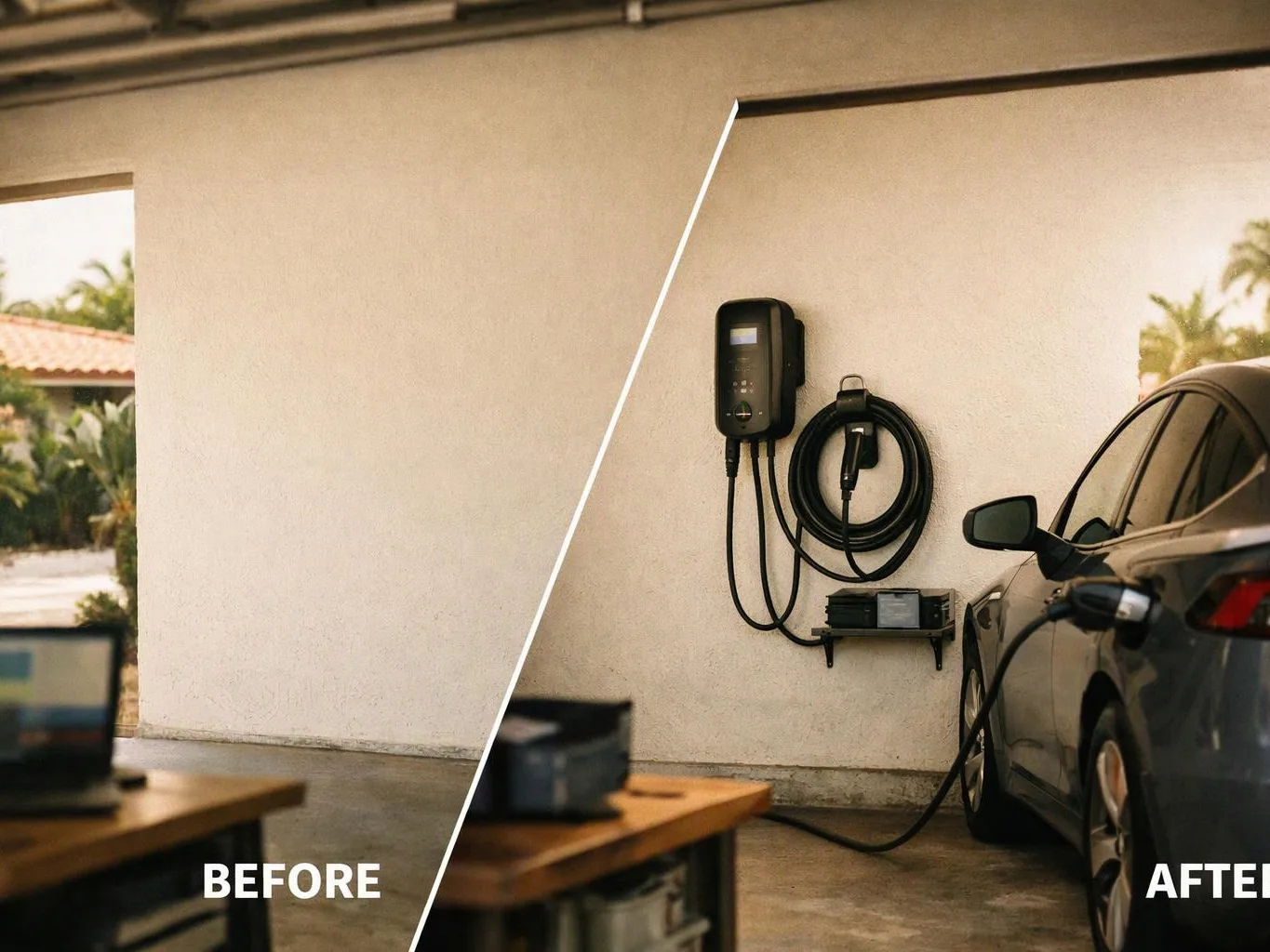 Split-screen garage with a laptop on the left and a car charging from a wall unit on the right