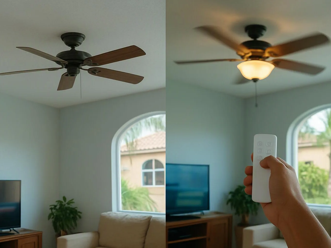 A split view shows a ceiling fan in a living room, and a hand holding a remote with the light on on the right