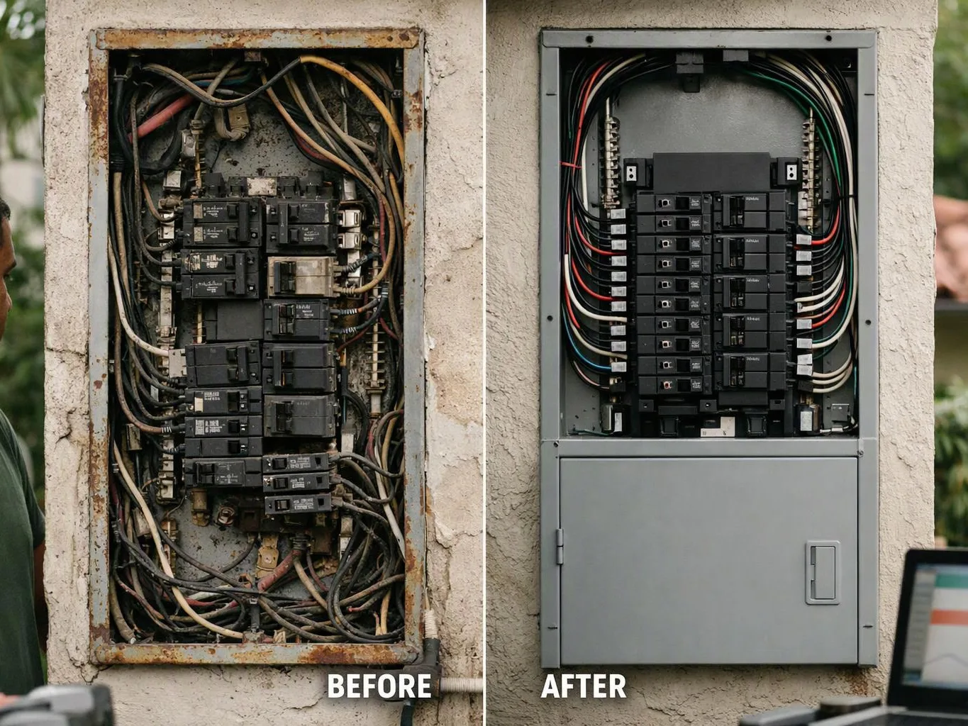 Split view shows a messy old electrical panel beside a neat updated panel labeled before and after