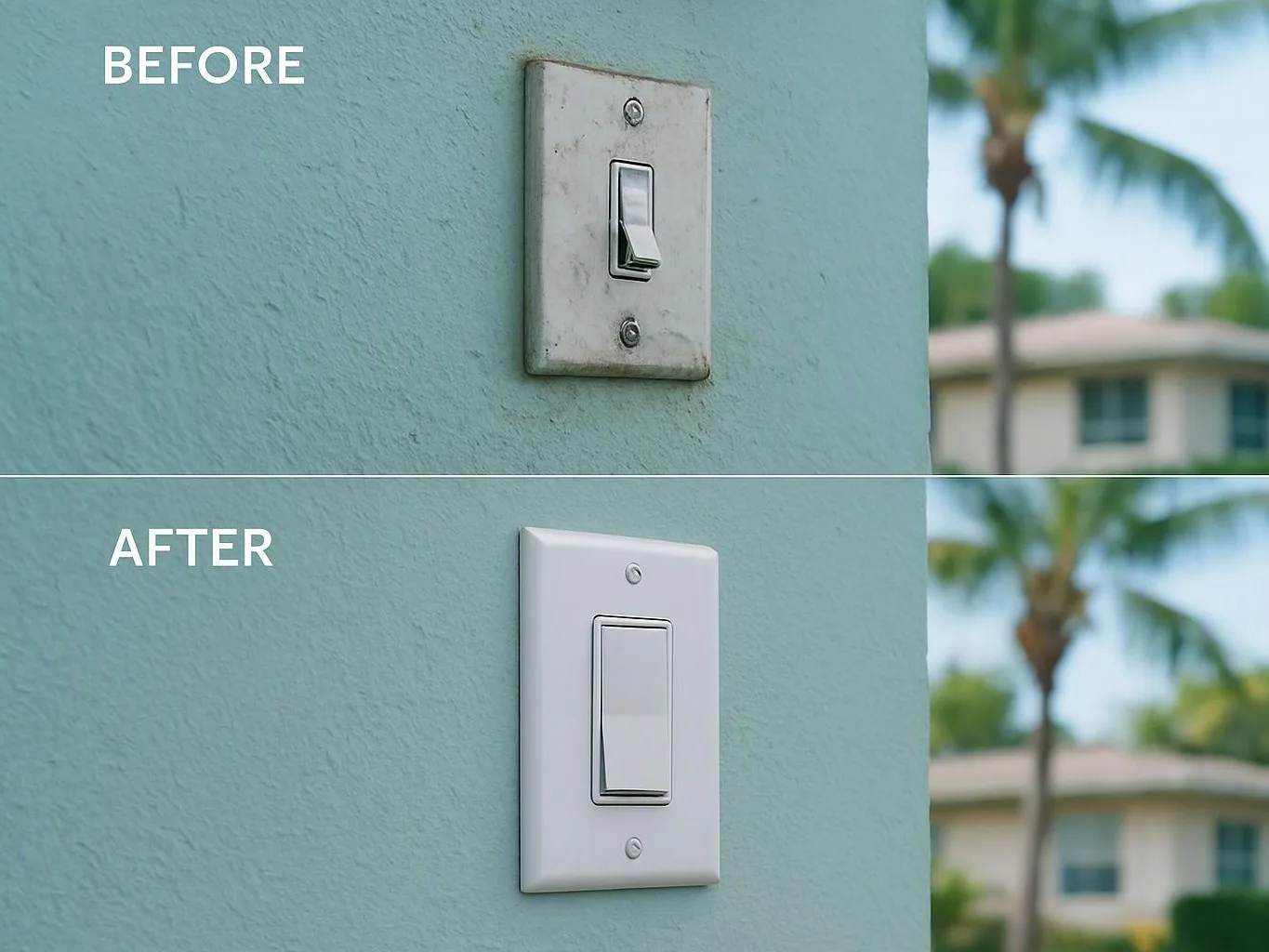 Split view shows a worn wall switch before and a clean white switch after on a blue wall