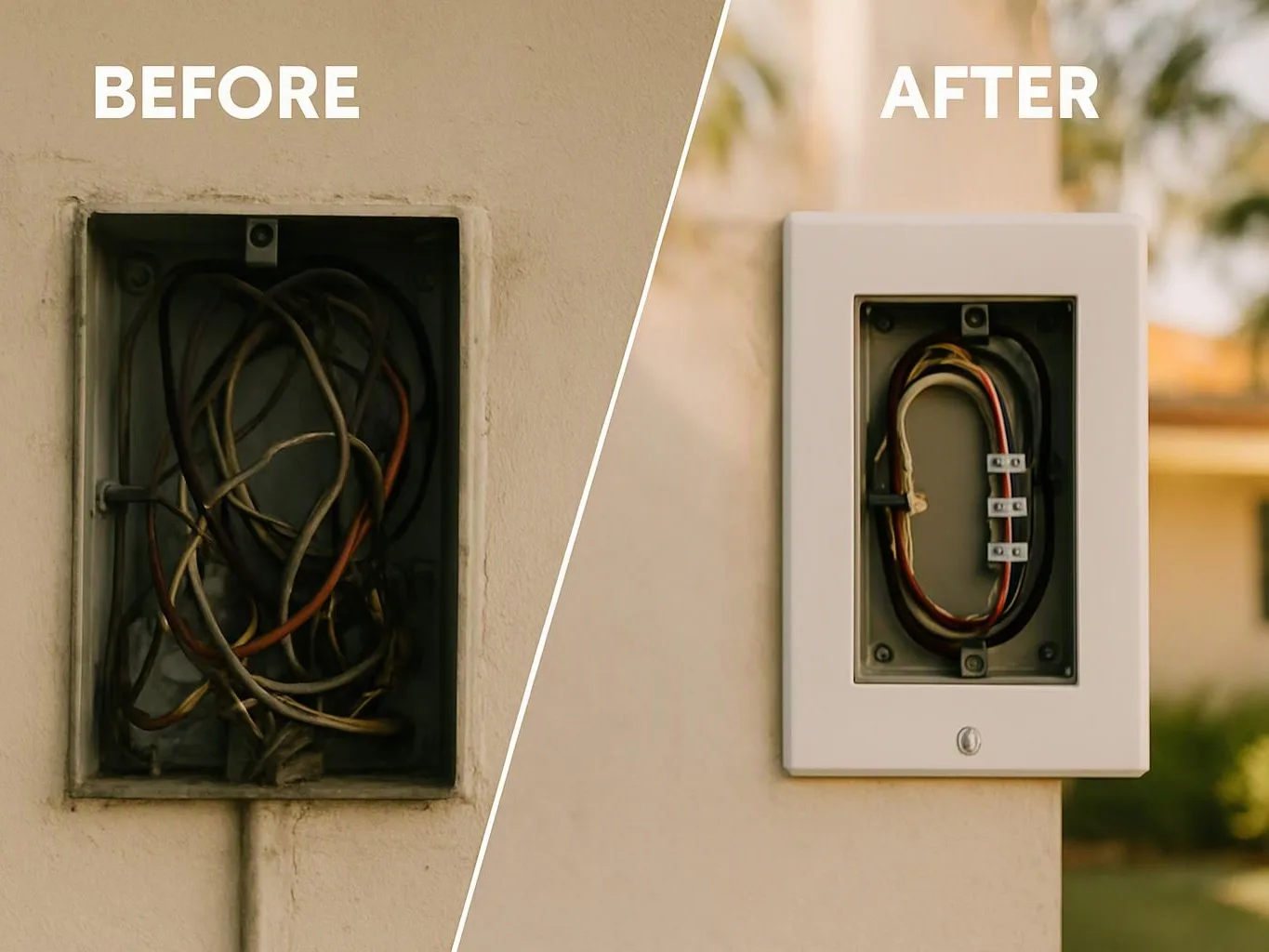 Split view of a wall electrical box before and after, showing messy exposed wires beside a neat covered panel