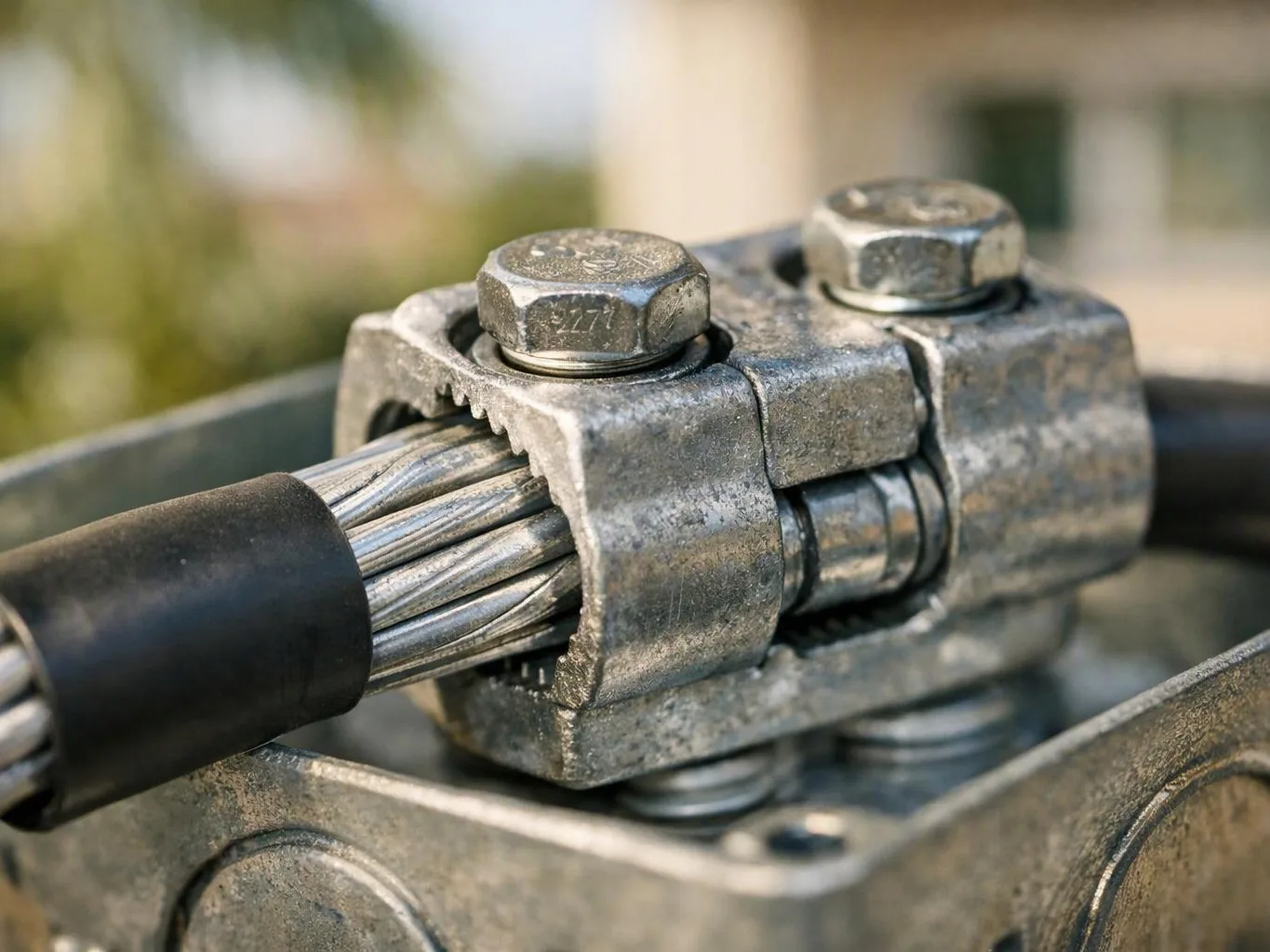 A steel cable is clamped by a metal fitting with two bolts in a close-up outdoor view