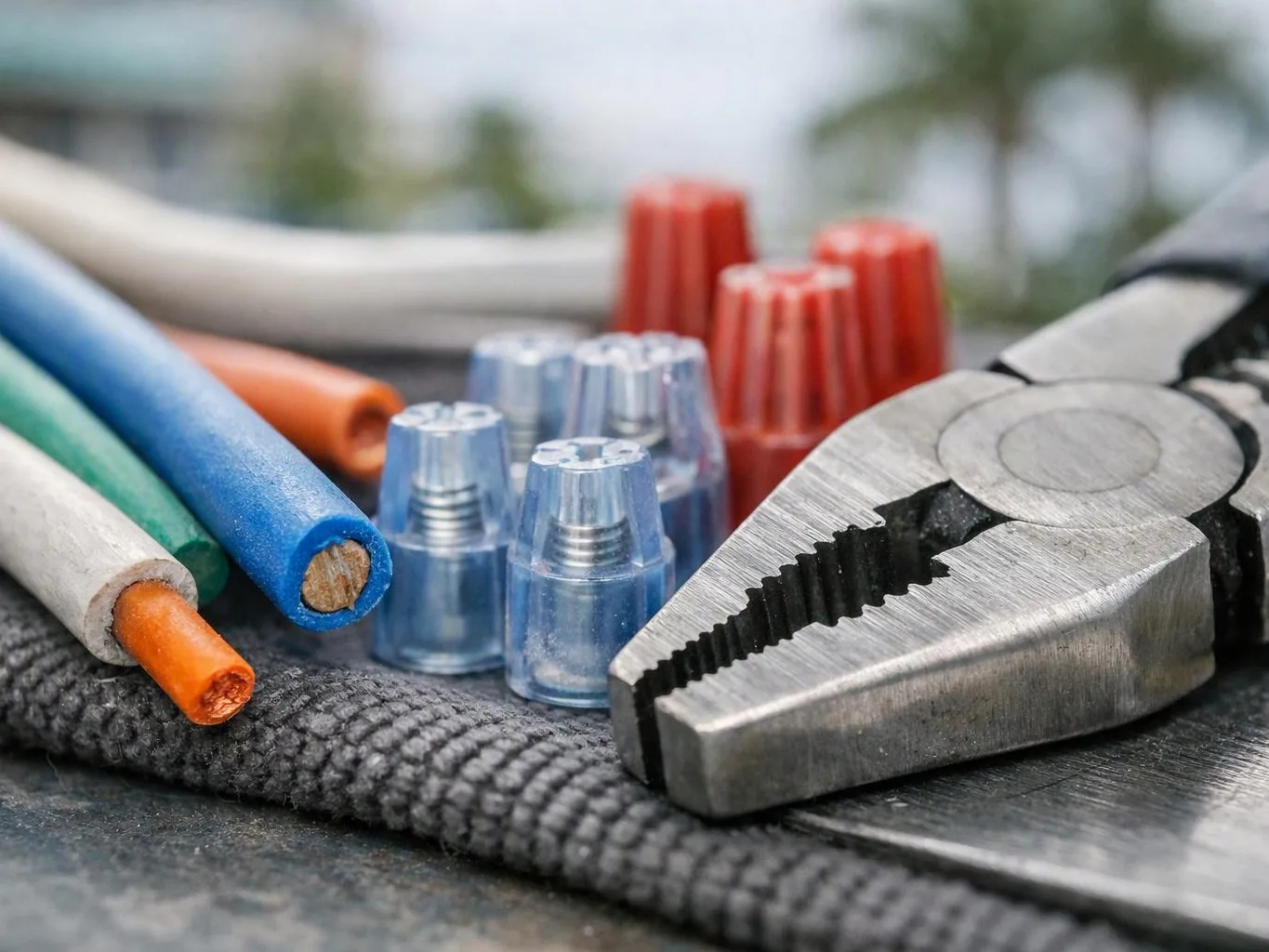 Stripped electrical wires, crimp connectors, and pliers rest on a workbench outdoors