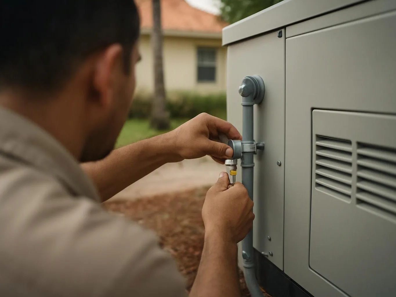 A technician adjusts a pipe fitting on a gray outdoor utility cabinet in a yard