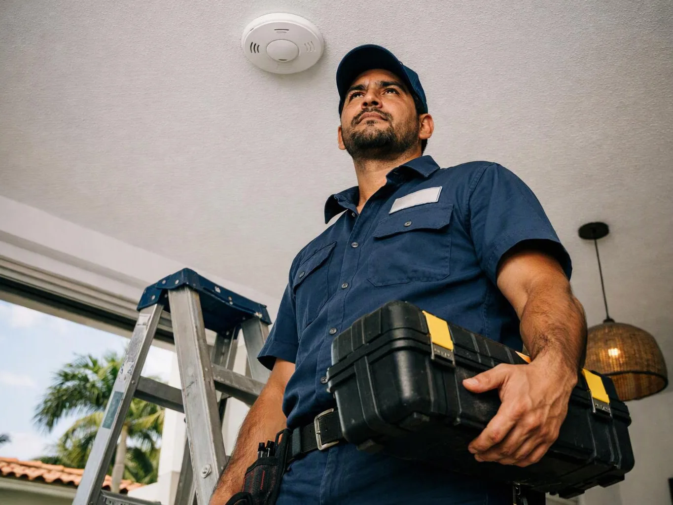 A technician in a blue uniform stands indoors beside a ladder, holding a black toolbox and looking upward