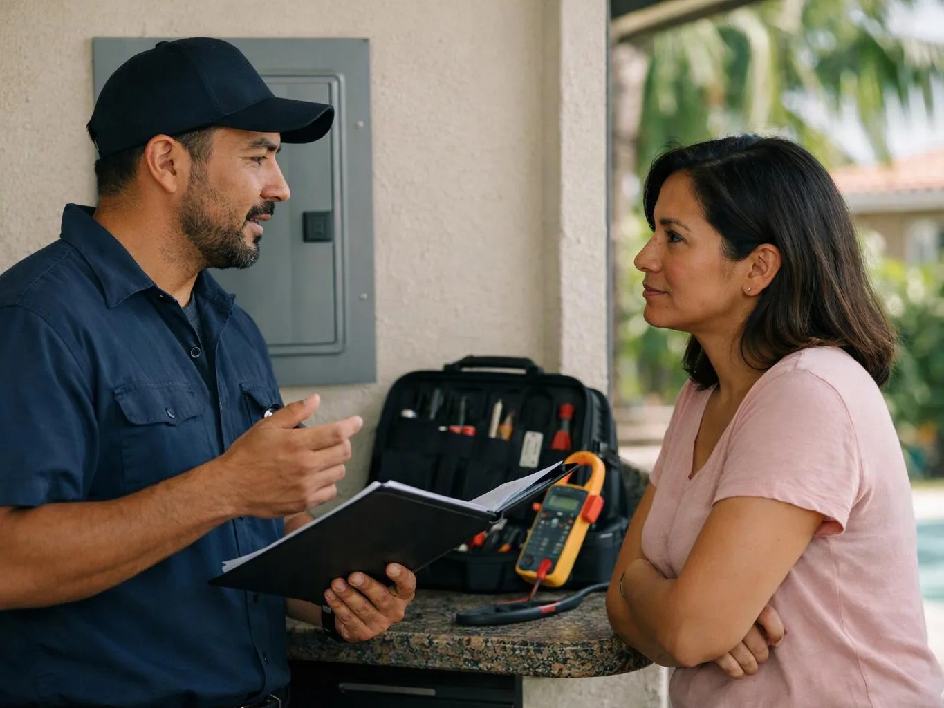 A technician in a cap talks with a woman on a porch beside tools and a clipboard