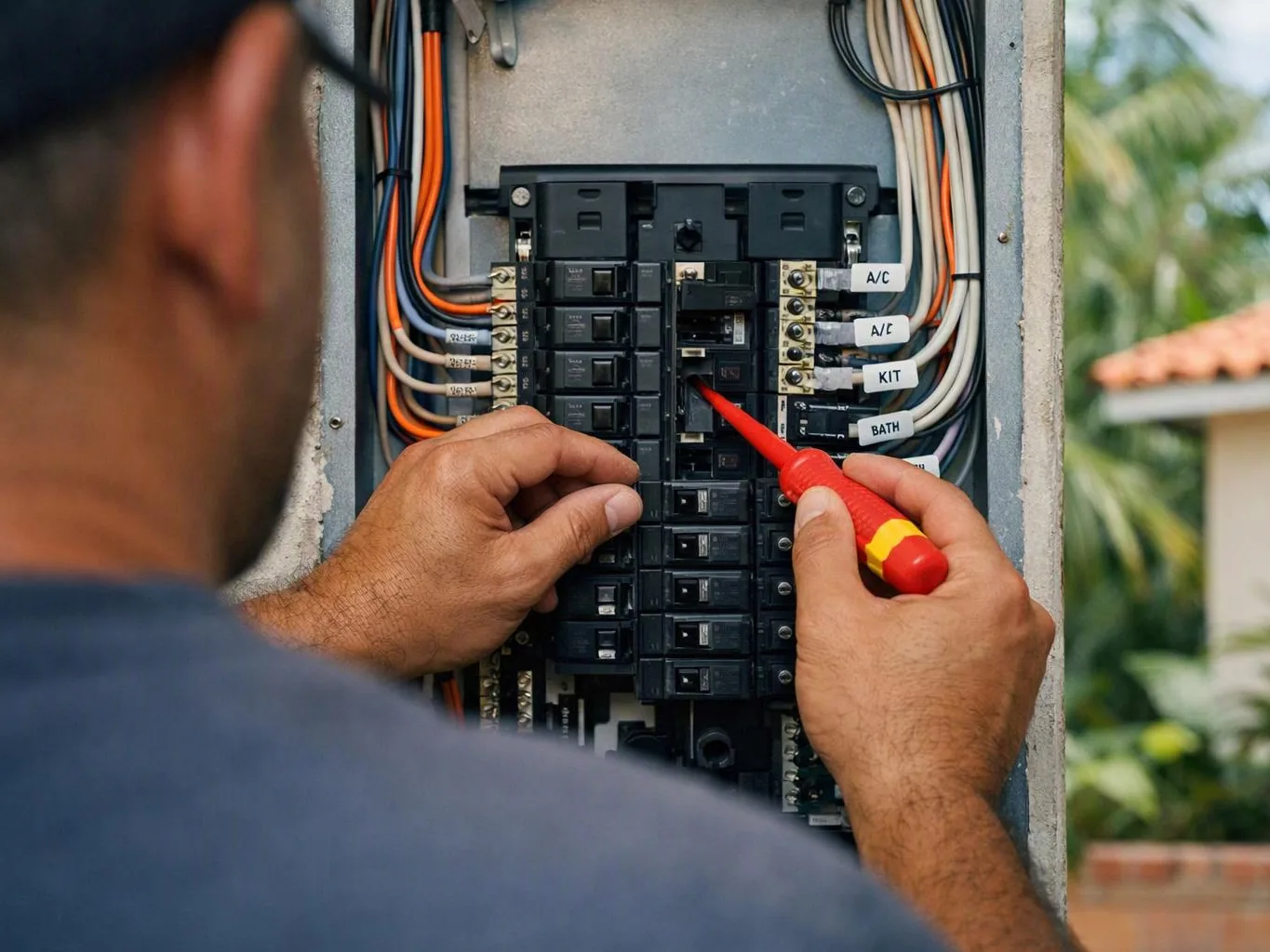 A technician checks an electrical breaker panel with a red screwdriver outdoors