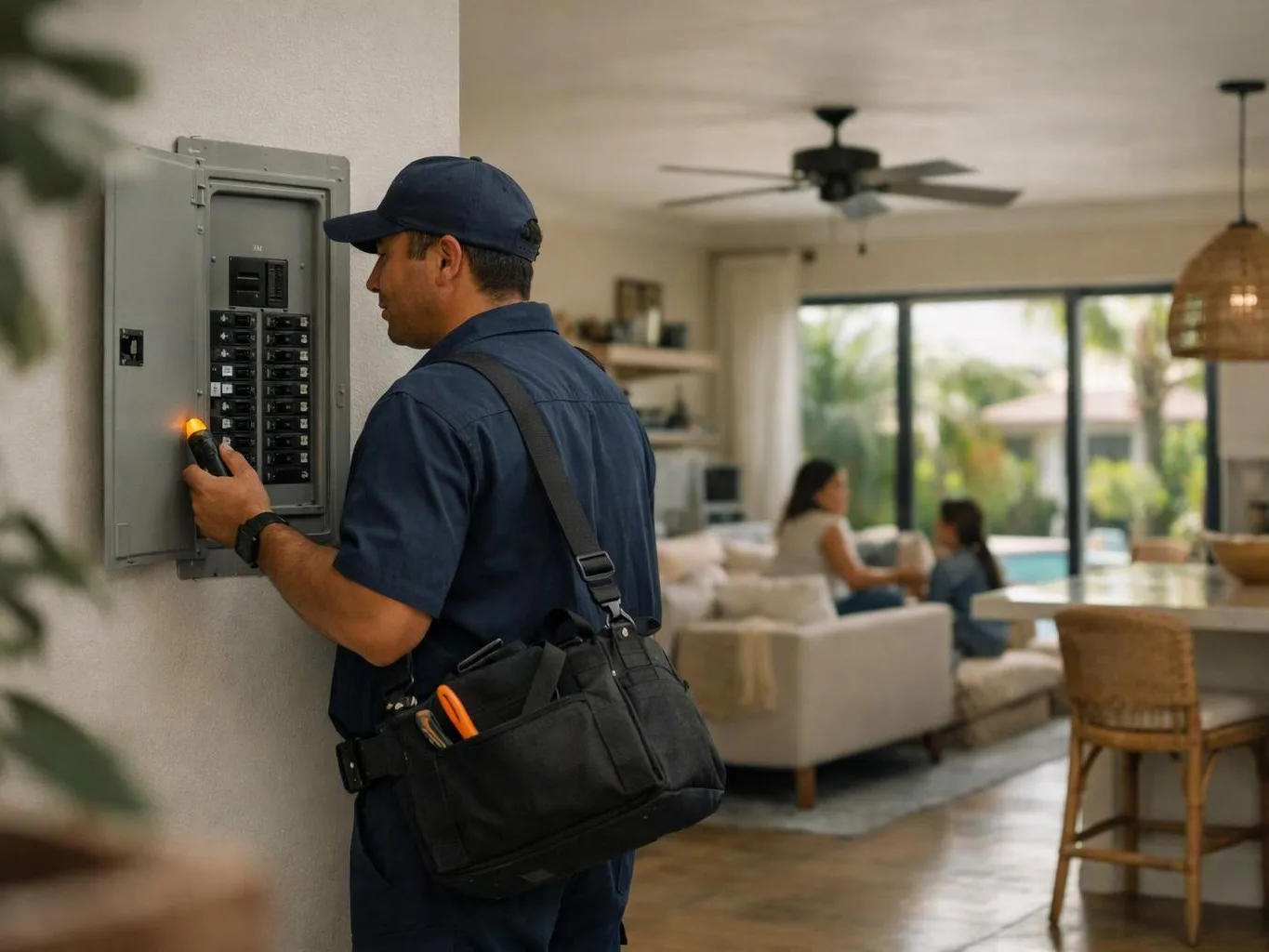 A technician checks an electrical breaker panel while standing in a bright living room with people seated in the background