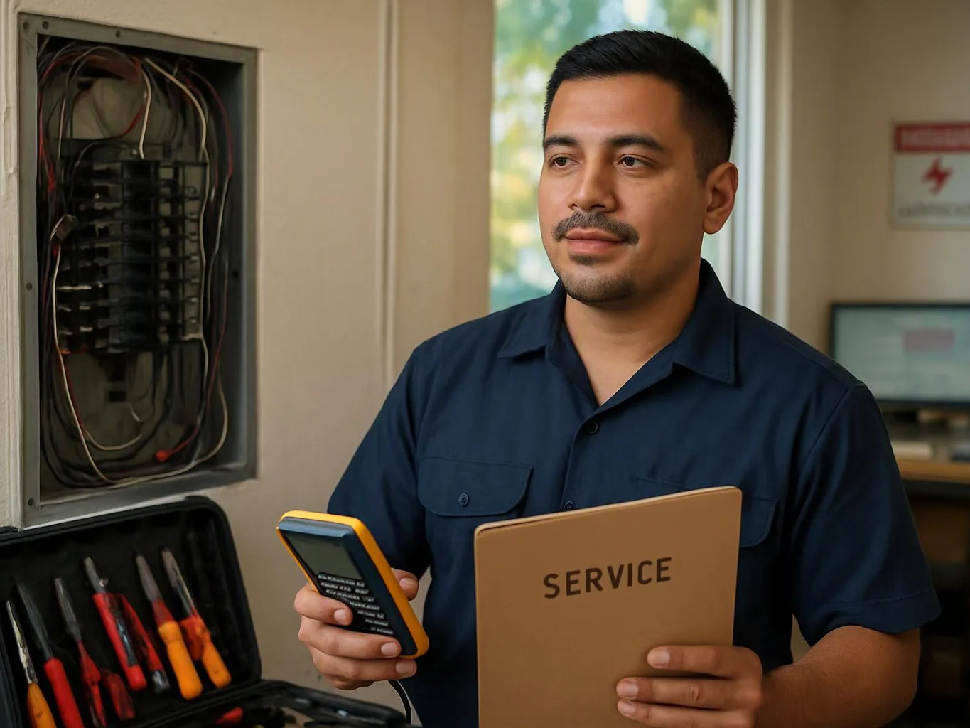 A technician holds a tester and a SERVICE folder beside an open electrical panel in an indoor room