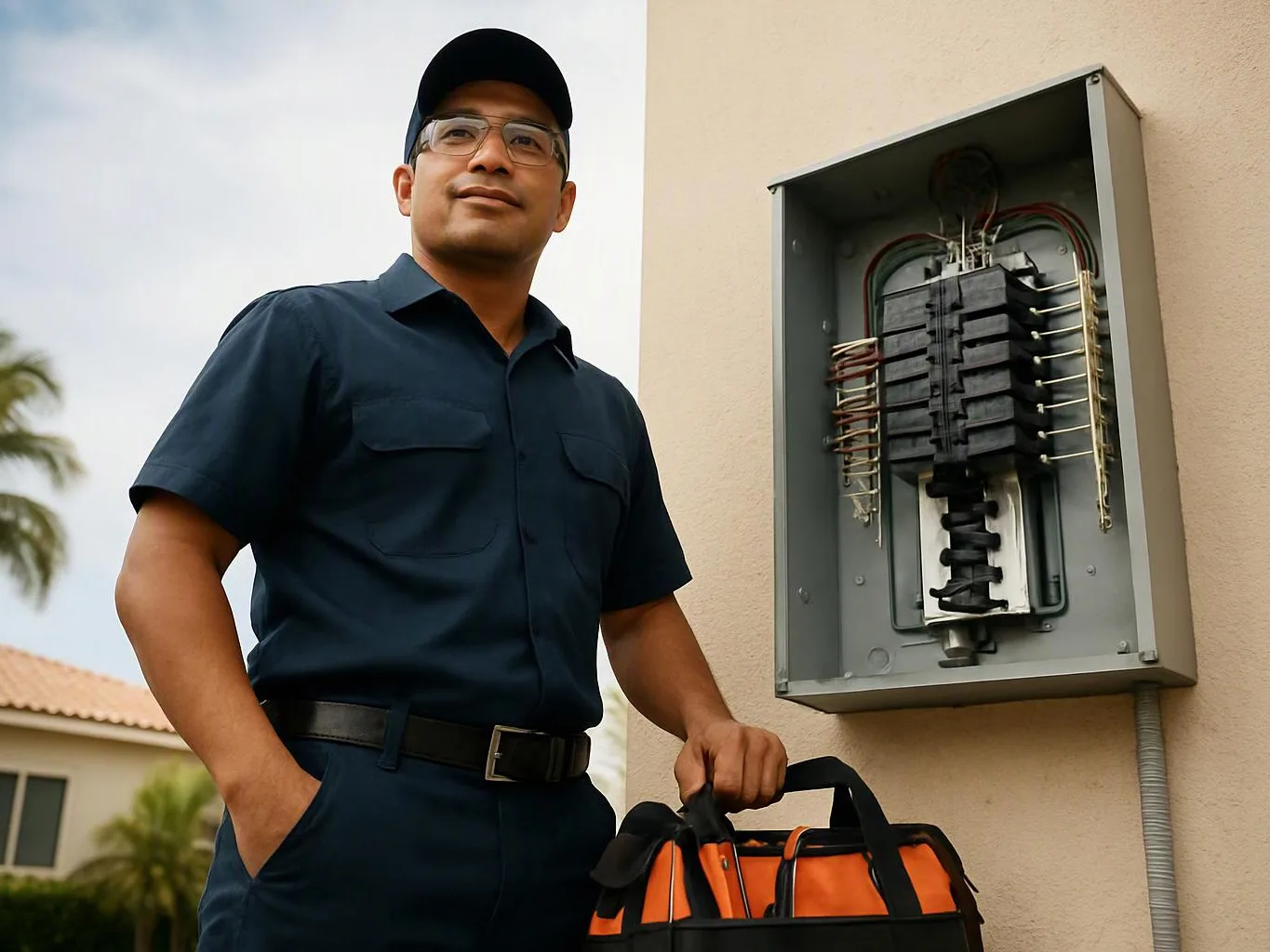 A technician stands beside an open electrical panel, holding an orange tool bag outside a beige building
