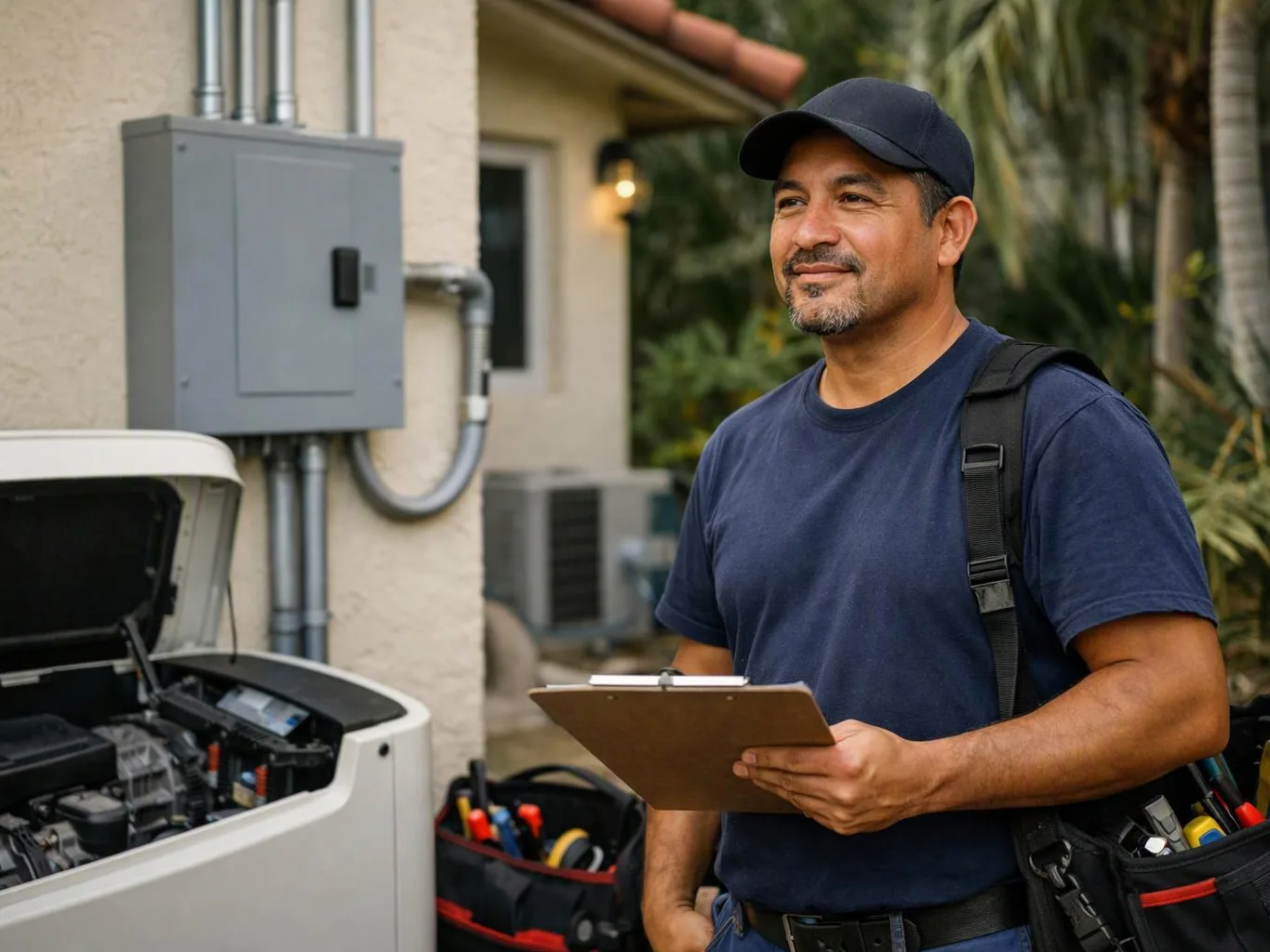 A technician stands beside an open outdoor unit, holding a clipboard and tool bag near a house wall