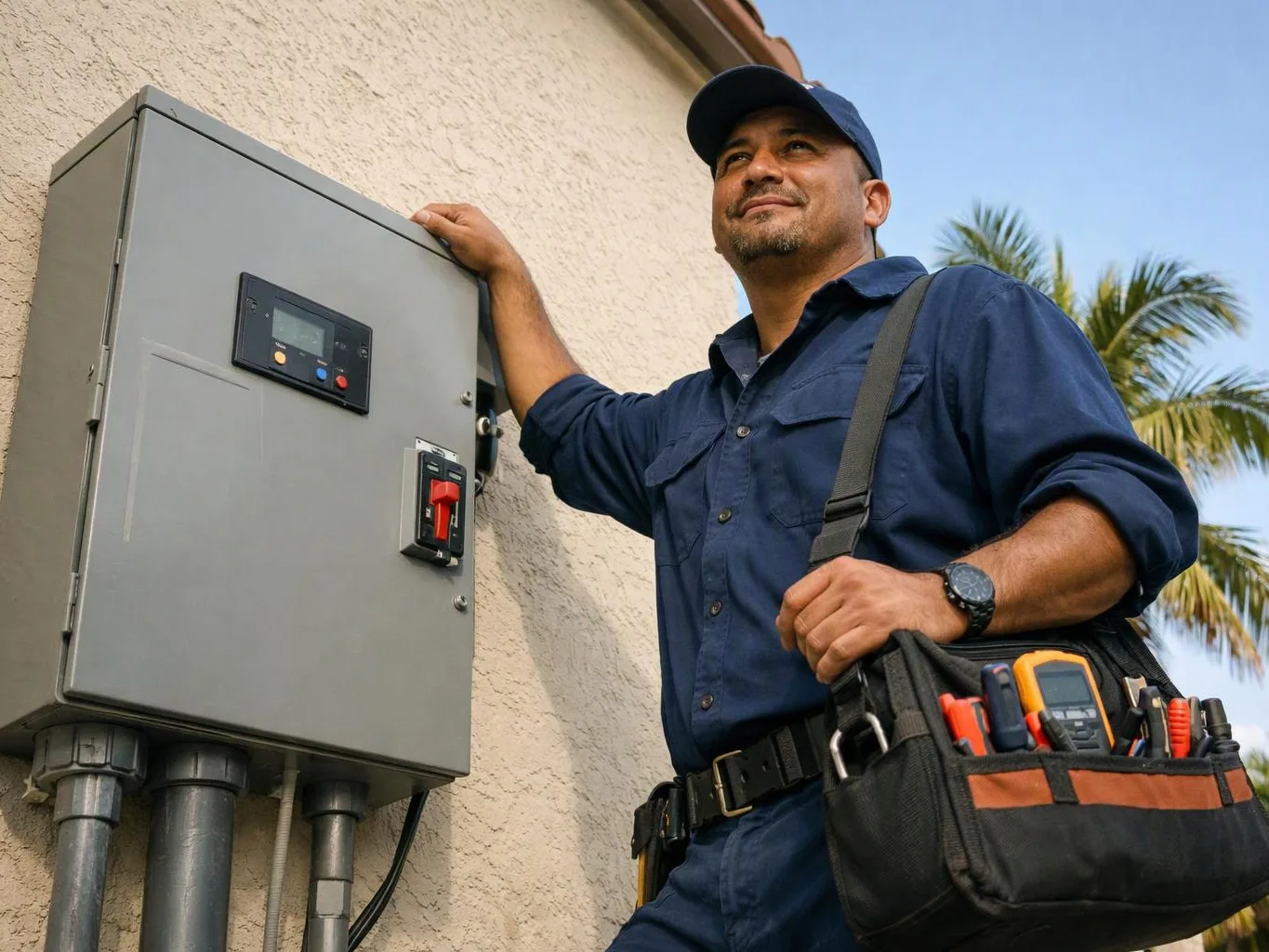 A technician stands beside a wall-mounted electrical control box with a tool bag and palm trees behind him