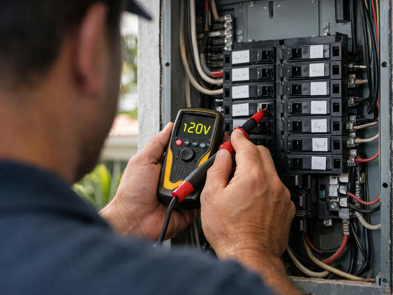 A technician tests a breaker panel with a digital meter showing 120V and a probe on a circuit breaker