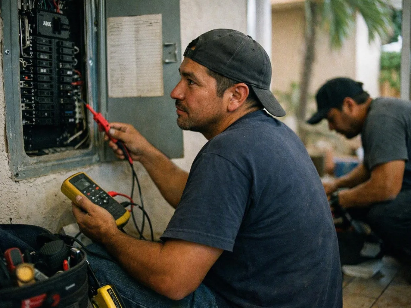 A technician tests an electrical panel with a multimeter while another worker kneels nearby in a room