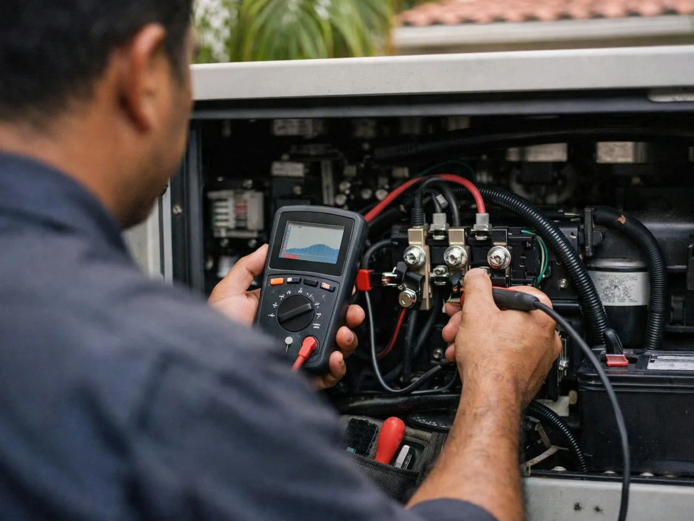 A technician tests electrical wiring inside an open machine panel with a handheld meter