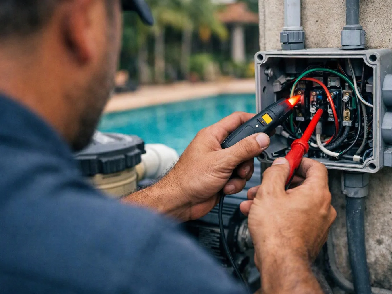 A technician tests wires inside an open electrical box beside a pool with two probes