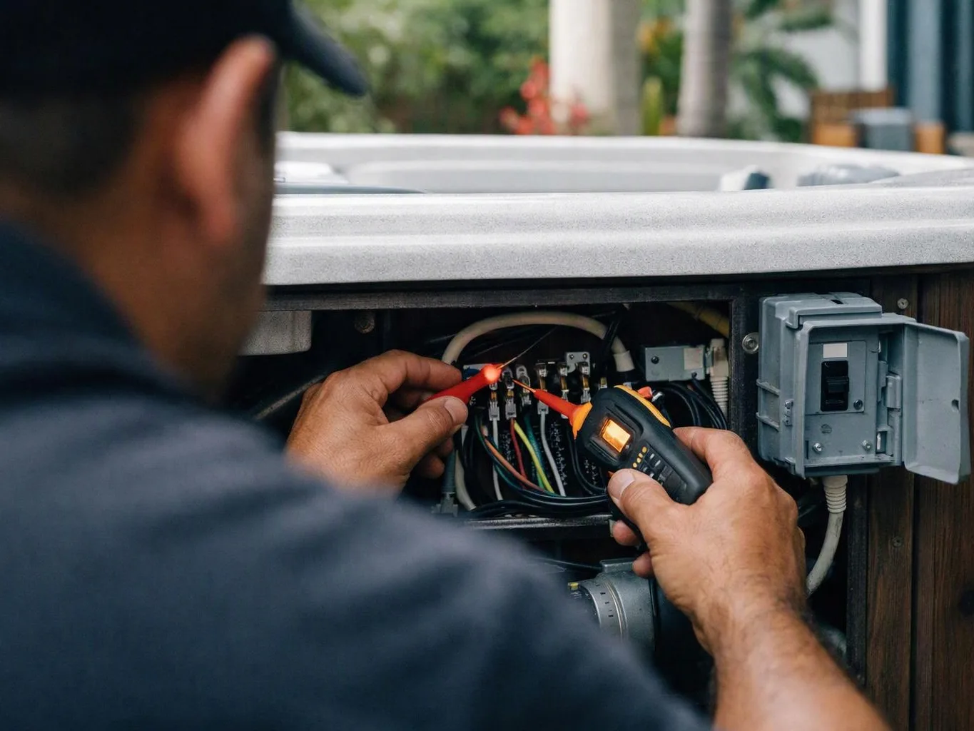 A technician tests wiring inside an open hot tub control panel with a multimeter outdoors