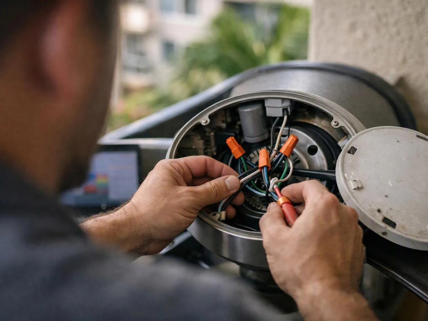 A technician uses a screwdriver to work on exposed wires inside a metal machine housing