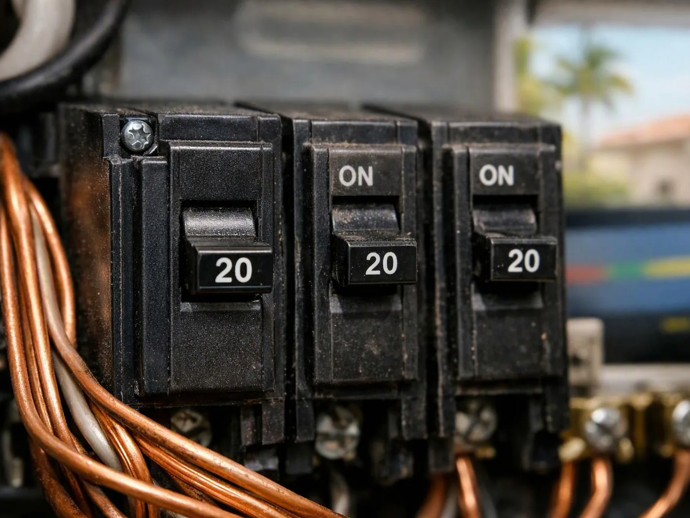 Three black 20-amp circuit breakers sit beside copper wires inside an electrical panel