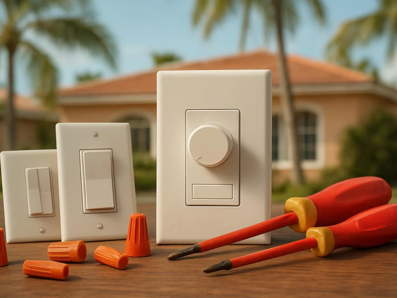 Three white wall switches sit beside red screwdrivers and orange wire nuts on a wooden surface outdoors