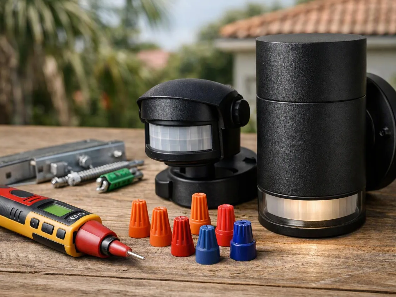 Two black outdoor motion lights sit on a wooden table with a tester, wire nuts, and small tools outdoors