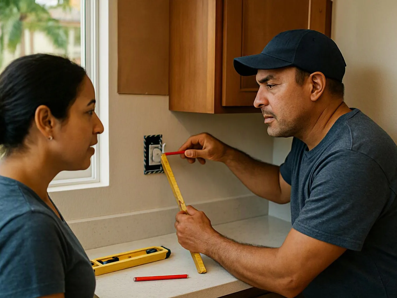 Two people inspect a wall outlet with a tape measure in a kitchen-like room