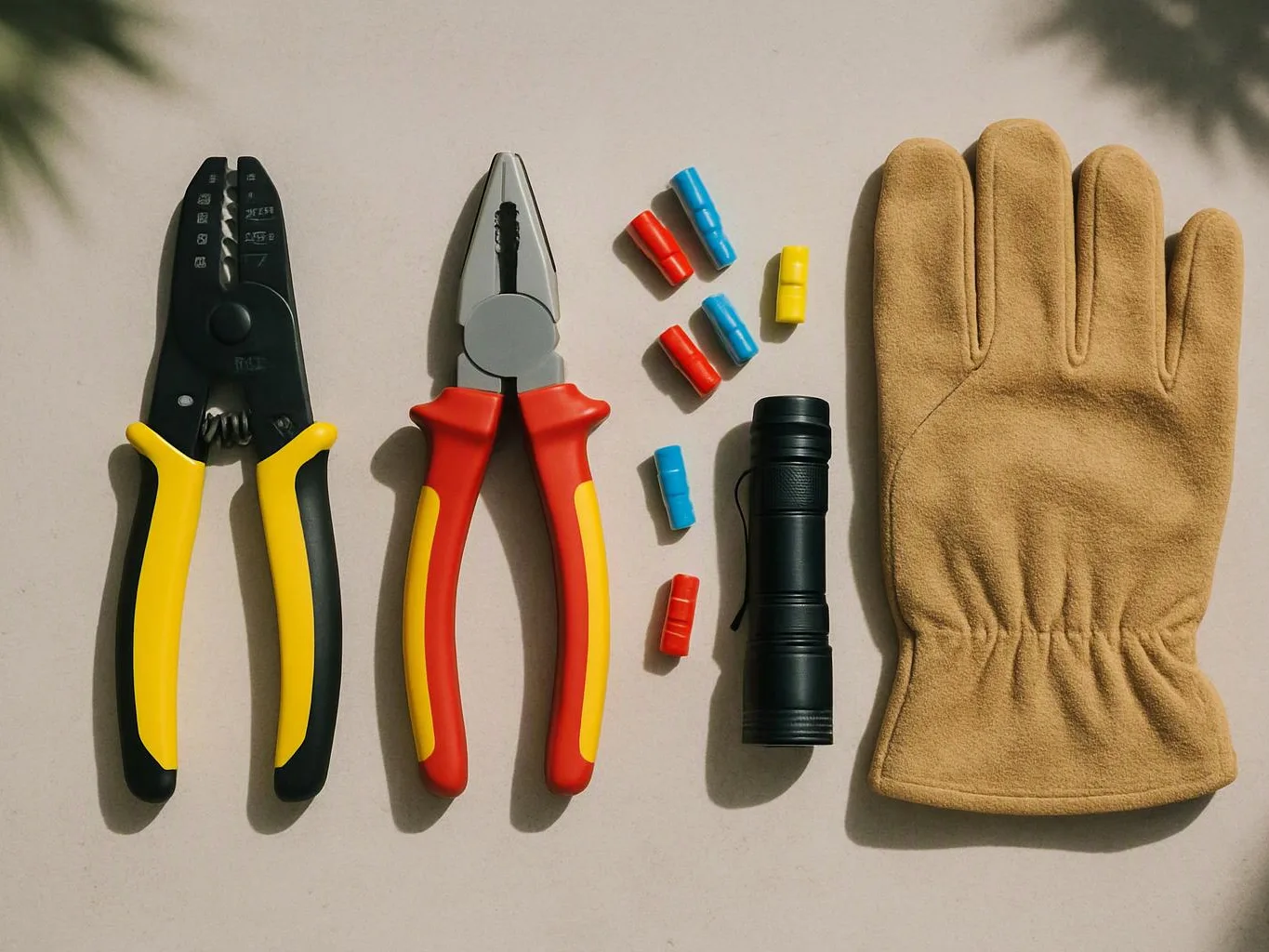 Two pliers, a small flashlight, colored wire connectors, and a tan work glove lie on a flat surface