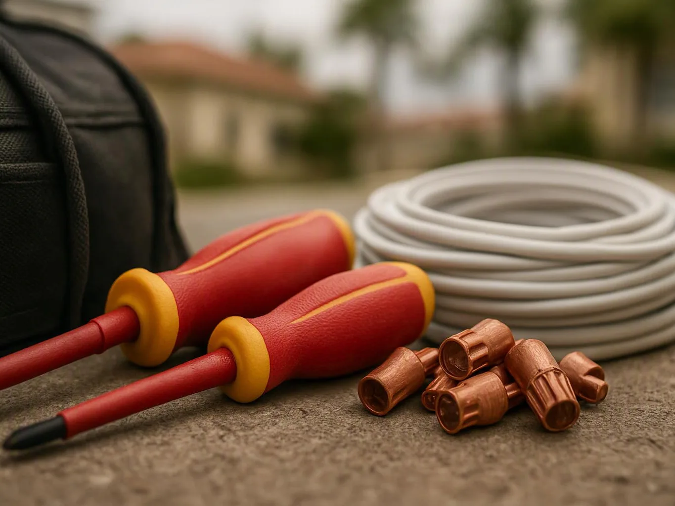Two red screwdrivers, a coiled white cable, copper wire connectors, and a black tool bag sit on pavement outdoors