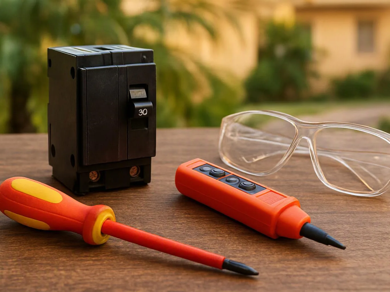Two screwdrivers, clear safety glasses, and a black circuit breaker rest on a wooden table outdoors
