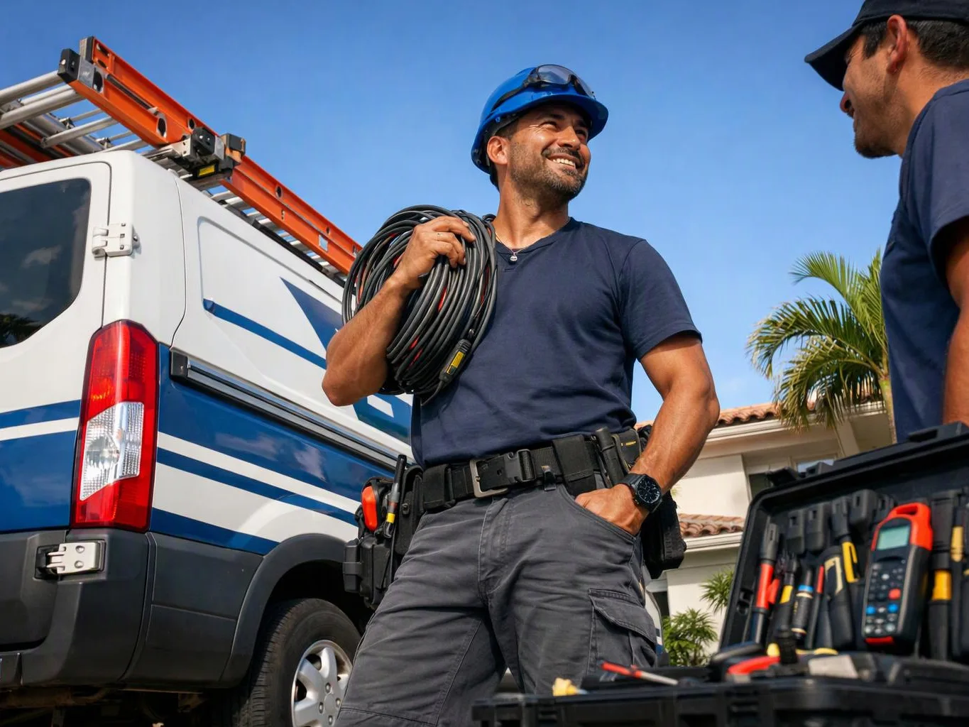 Two utility workers stand by a service van, one smiling with a coil of cable and a hard hat, tools open nearby